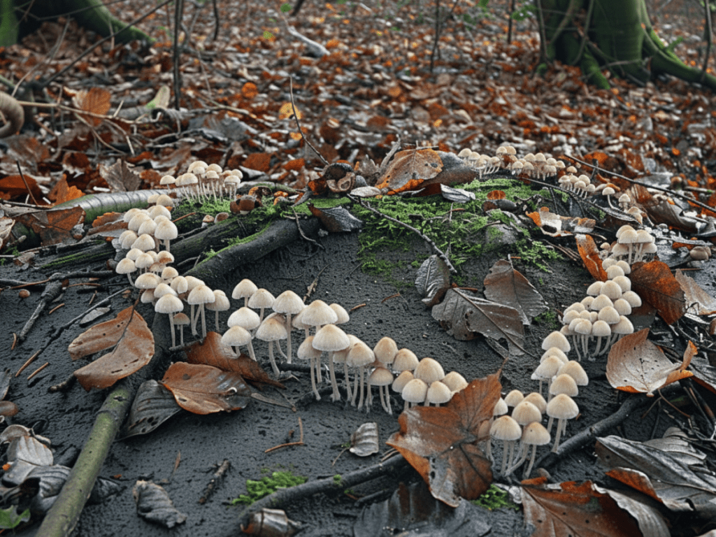 A cluster of pale mushrooms forming a heart shape on a damp forest floor among fallen autumn leaves. AI-generated image created using Midjourney and Gemini