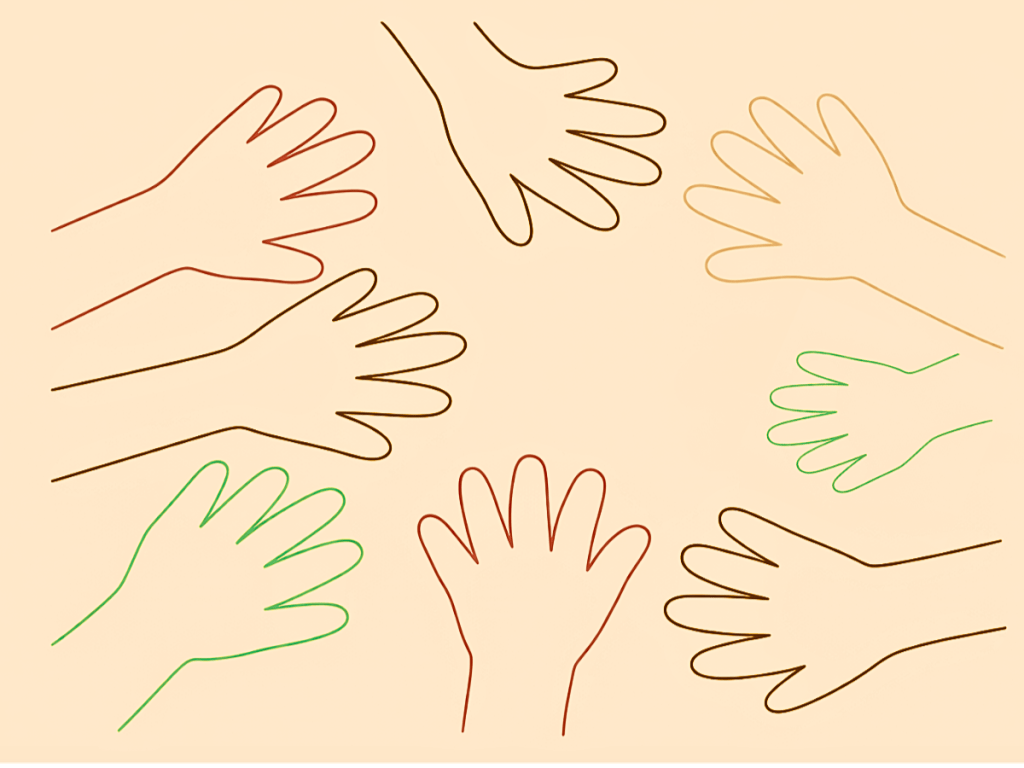 Illustration of seven overlapping hand outlines arranged in a circle on a parchment-textured background; two hands are outlined in black and the others in bright colours. Created with ChatGPT.