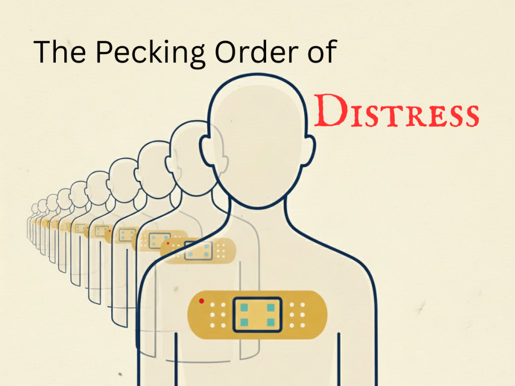 A line of faceless human outlines recedes into the distance; each figure has a gold plaster on their chest with a small teal “screen,” suggesting a queue for care. Image created in Gemini