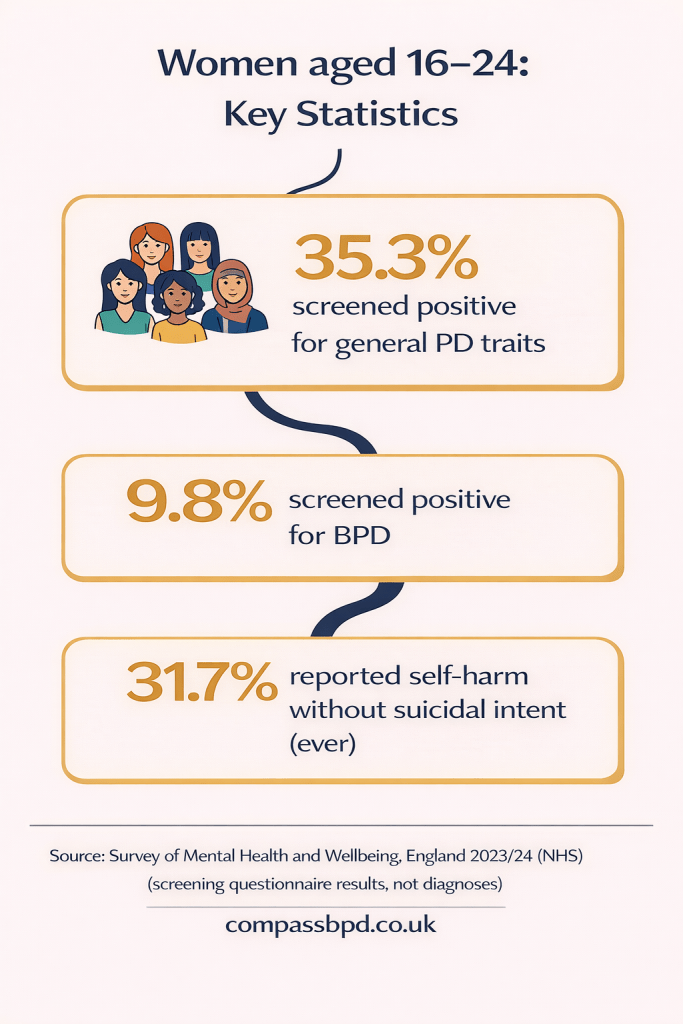 Infographic listing women aged 16–24: 35.3% screened positive for general personality disorder traits, 9.8% screened positive for BPD, and 31.7% reported lifetime self-harm without suicidal intent.
