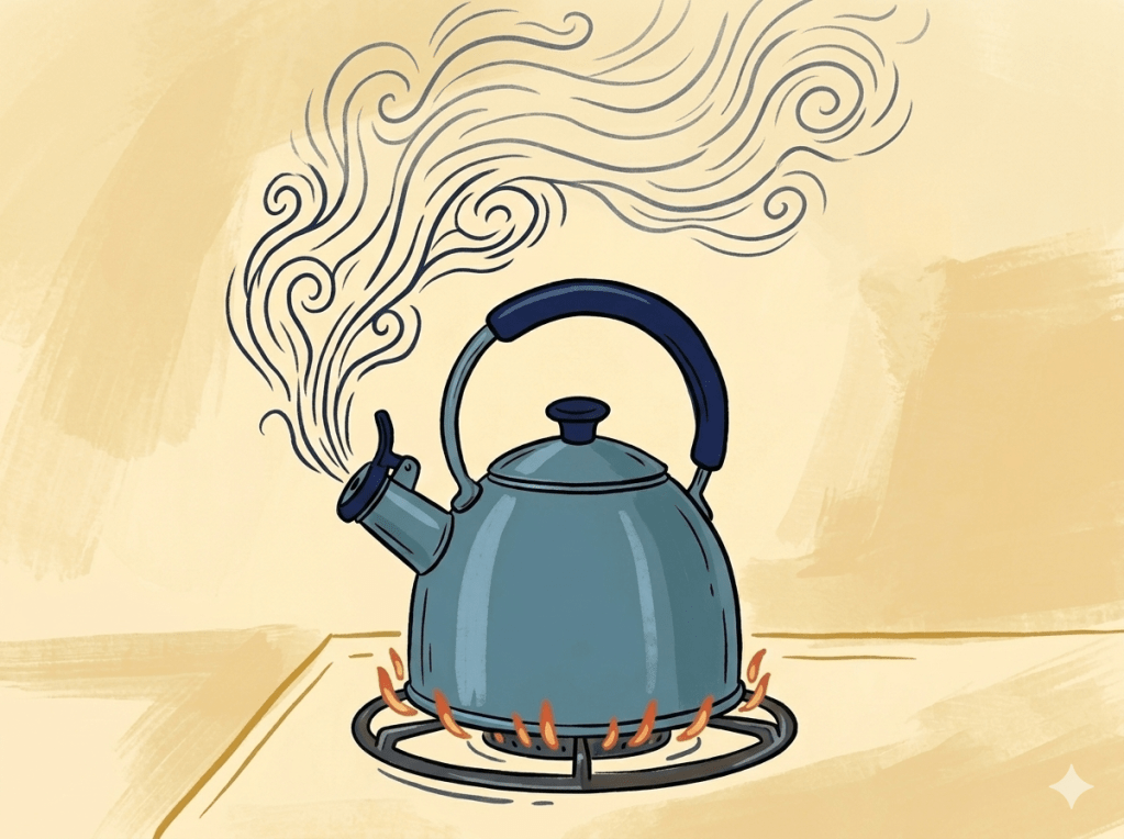 Hand-drawn illustration of a steel blue kettle at full boil on a gas stovetop, with decorative navy steam swirls rising from the spout, against a warm cream background. Created by Gemini